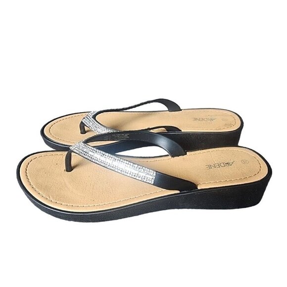 Rhinestone Sparkle Toe Thong Wedge Dressy Flip Flops Silver Black Size 10 - Picture 4 of 15